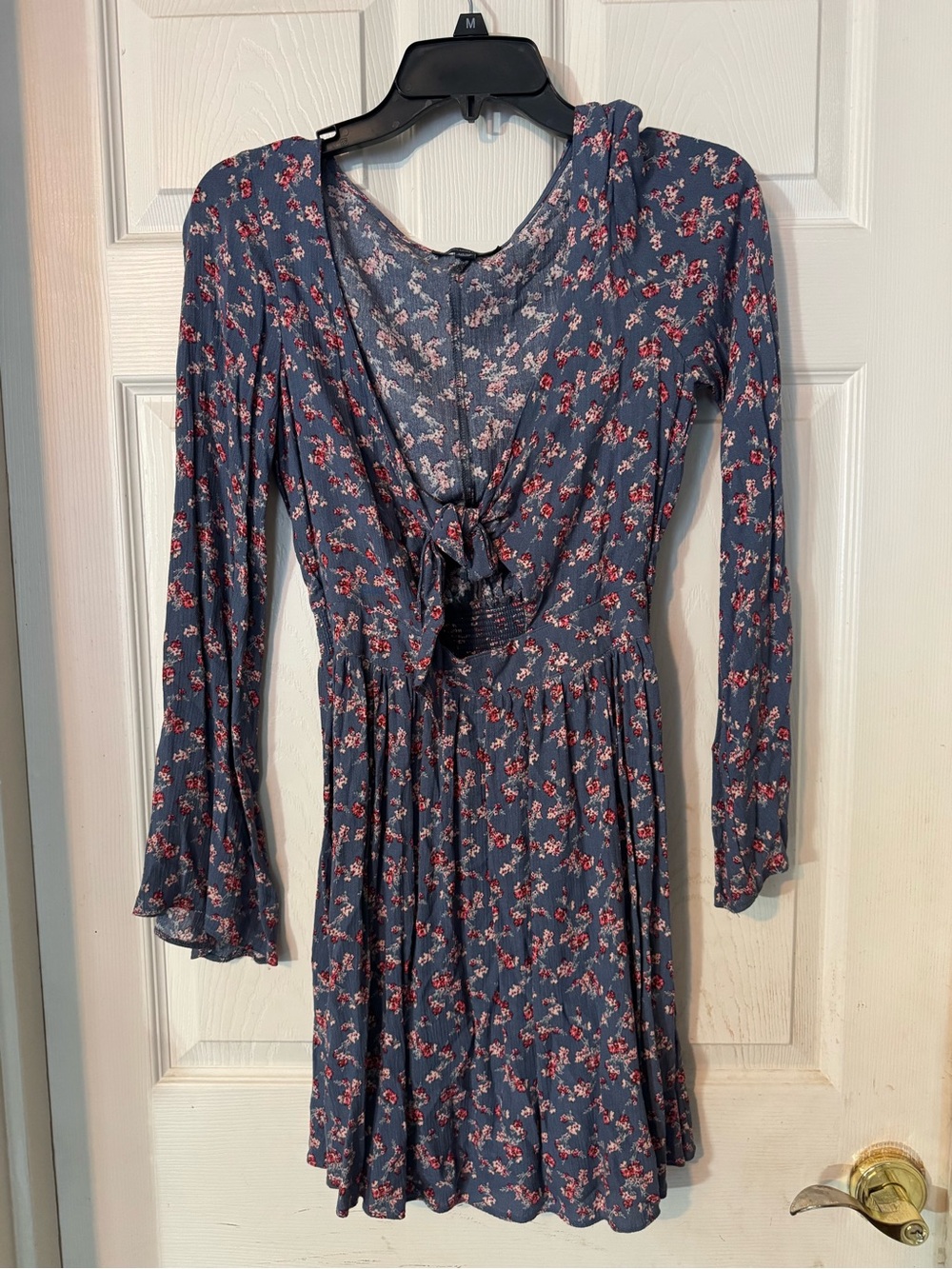 Floral Tie-Front Long Sleeve Dress in Navy Blue